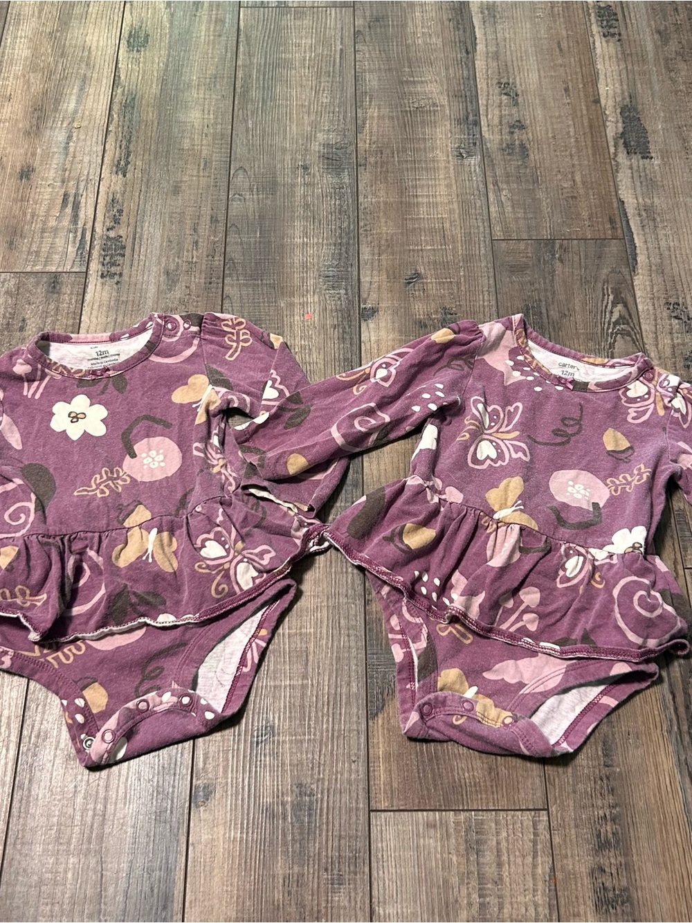 Twin Girls Carter's Purple Floral Cotton Long Sleeve Ruffle Snap Bodysuit 12M